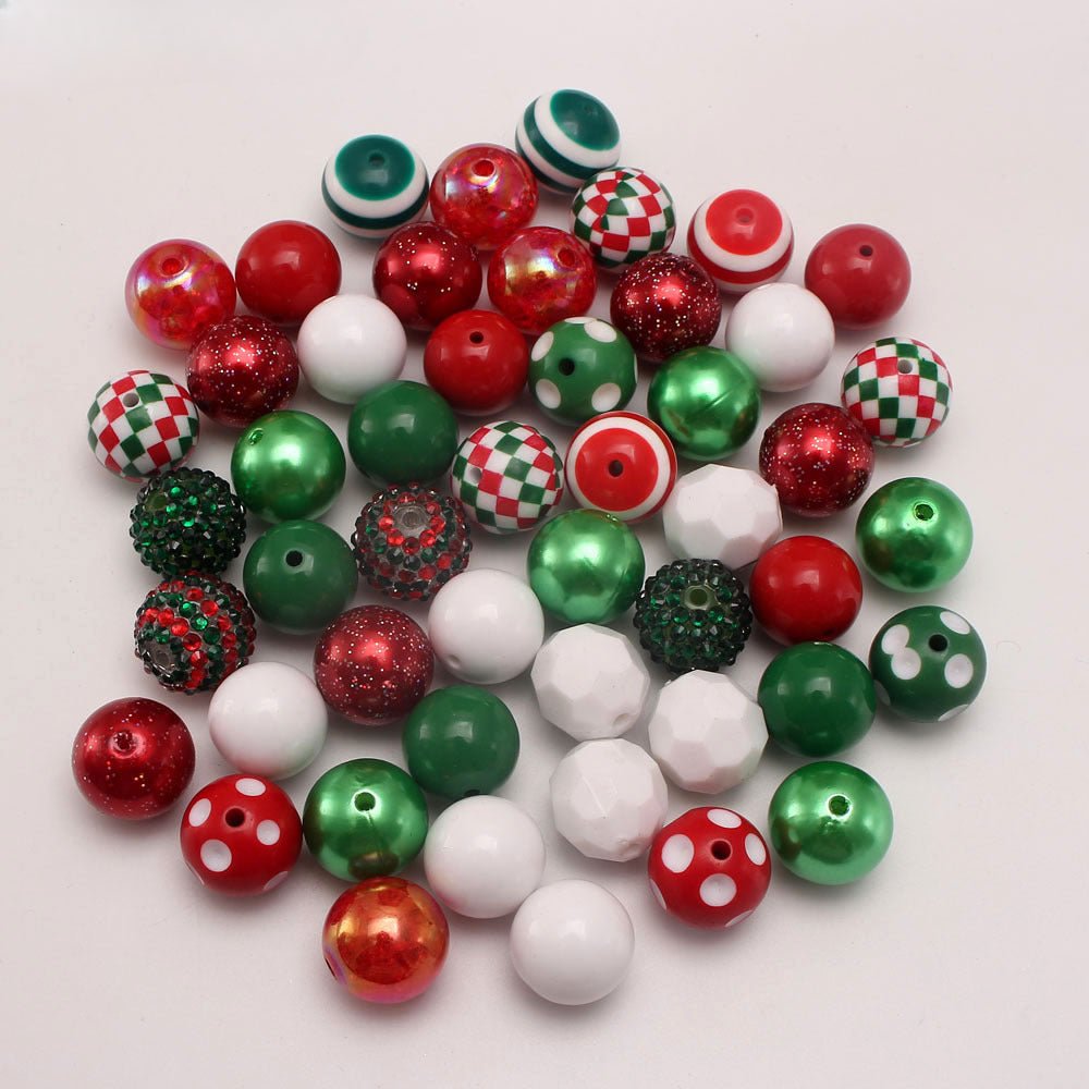 Wholesale 50pcs Red and Green Diamond Print Christmas 20MM Acrylic Beads DIY Mixed Color Mixed Style Beaded Loose Beads Combination